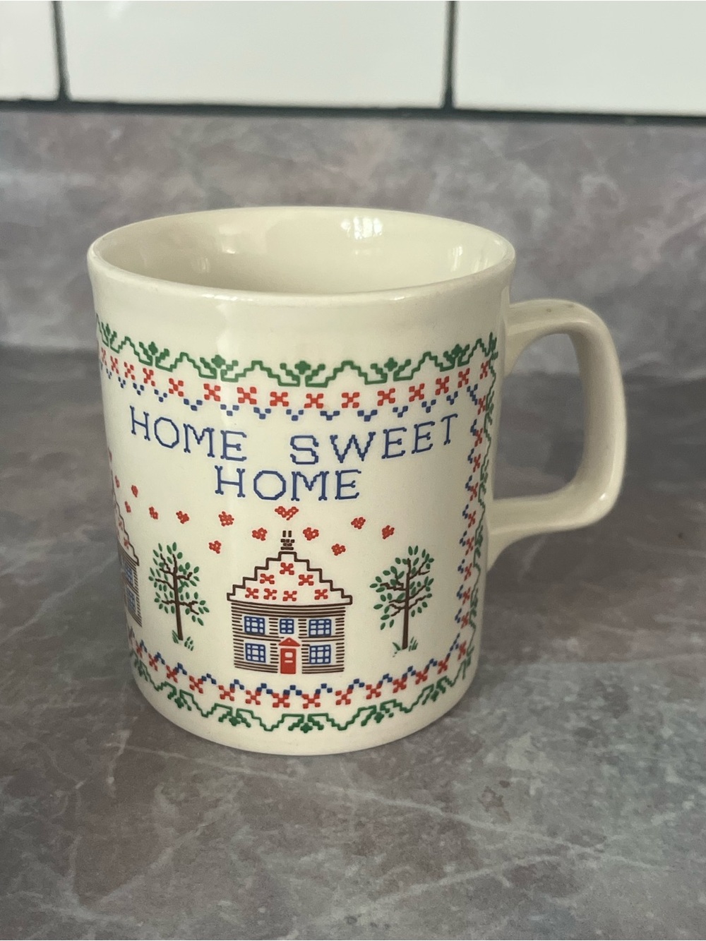 Vintage Home Sweet Home Cross Stitch Style Ceramic Coffee Mug Cottagecore